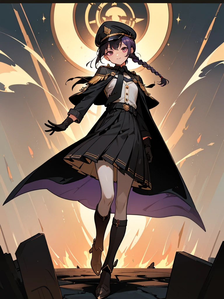 realisitic, City Deserted, Pile of rubble, Brick building, a one woman (18 years old, far away blackw hair, far away slits, Eyes red, glare eyes, 精致的面容, standing (In floor, feet shoulder-width apart), Lolita style military uniform (blackw base, Red Insert, golden decoration, volantes, wide sleeves, dainty and delicate detailing armors), blackw far away gloves (blackw, Red Insert, golden decoration, small hands, armors), blackw far away gloves, knee high boots (blackw, high-heels, red soles), ha (blackw, aba dourada, shield emblem, delicate details), arms in front, Front of belly, Holding military swords with both hands (blackw, golden decoration, delicate detail, Handle at the top, Ground-facing blade, in front of the body, far away), night sky (blackw, stele, Increased flames and smoke) Pale painting style, One Girl, super high quality, Super Detail, Super Detailed image, long hair, looking at viewer, skirt, shirt, hair ornament, violet eyes, gloves, round glasses, long sleeves, hat, closed mouth, jacket, violet hair, braid, open clothes, necktie, black gloves, black skirt, uniform, single braid, open jacket, black jacket, black headwear, 手链, Peaked cap, black necktie, cropped jacket, military hat, pantyhose, Flat Chest, smile, Black Cape