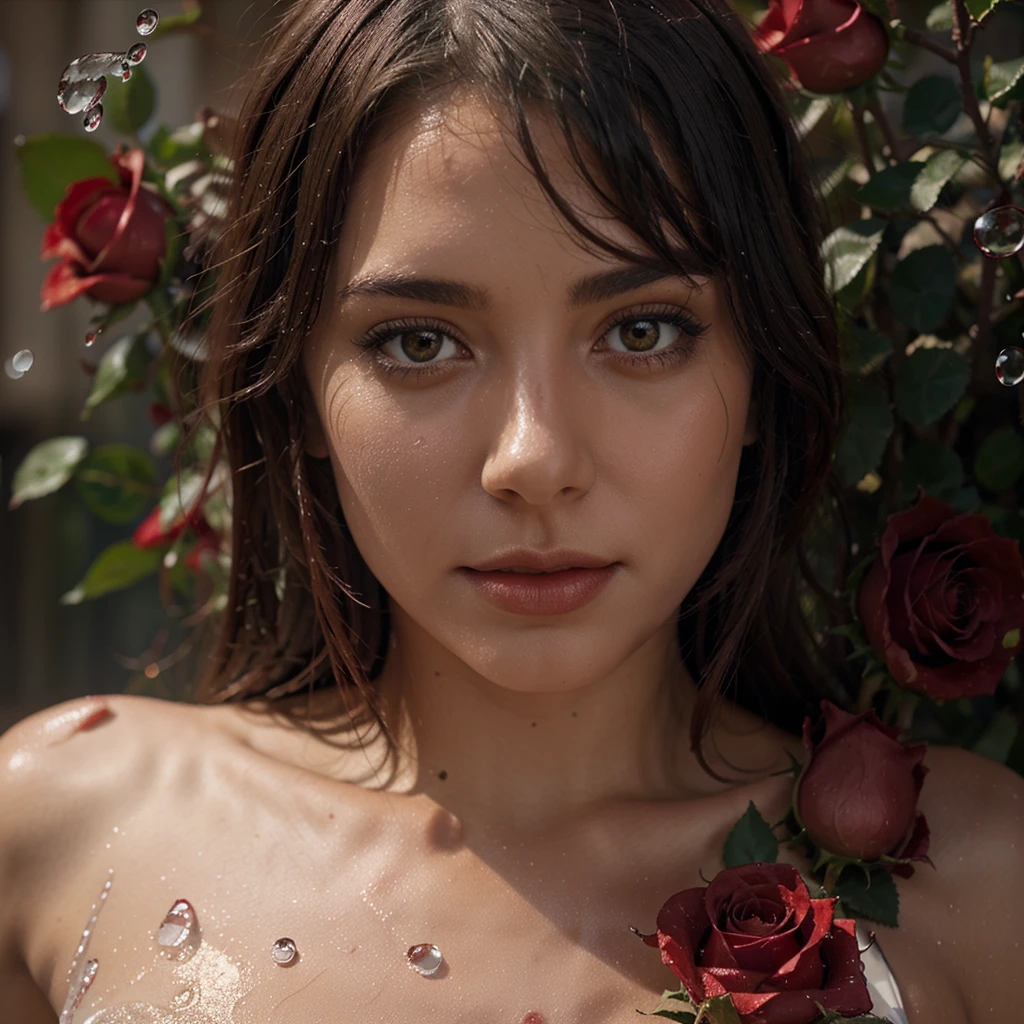 As an image of a red rose wet with drops of water around it, more red roses are super realistic 
