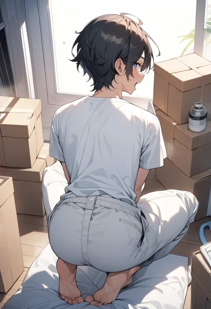 masterpiece, best quality, extremely detailed, ultra detailed, flat anime, 2D, ((1boy)),black hair, (short hair:1.5),blue eyes, height 1.7meters, (circle eyes:1.2), (young adult:1.2), Ear-length sideburns, long Sleeves, White T-shirt, barefoot, ((short sleeves)), ((long pants)), squatting, looking back, open mouth, summer, 12AM, livingroom,organizing the boxes., ((from behind)),((looking at another))