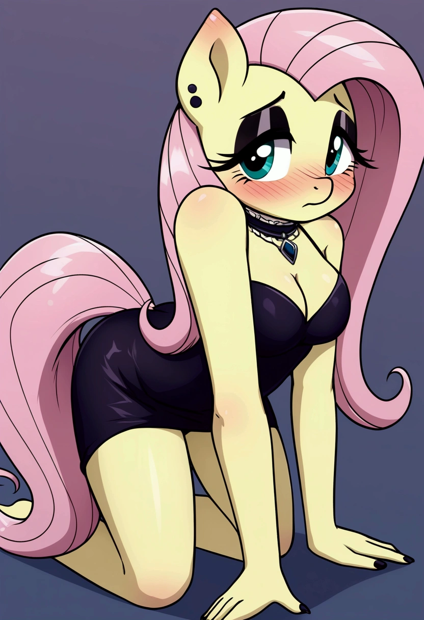 My little pony, anthro, fluttershy goth, big dog copulate with a girl:1.3, while she is on all fours, blush