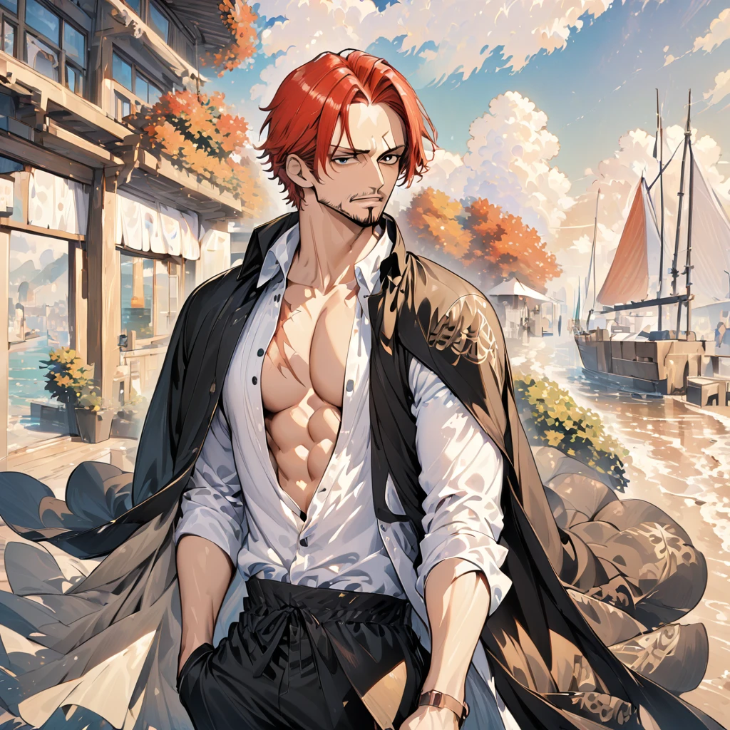 (masterpiece, best quality), intricate details, 1boy, man, red hair, straw hat, Shnks, shanks \(one piece\), scar on face, 3 scar left eye, short hair, shirt, white shirt, male focus, sitting posture, streetstyle pose, open clothes, collared shirt, pants, cape, coat, open shirt, facial hair, scar, sandals, pectorals, partially unbuttoned, pectoral cleavage, coat on shoulders, ship deck background, upper body, straw hat,