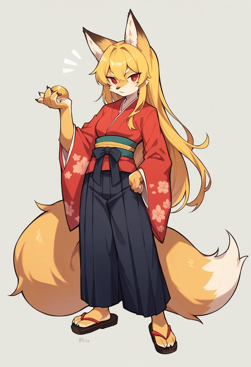 (full body,,The left hand is on the hip),((Her right hand is hidden under the hem of her kimono.)),small breasts,Fox woman, Furry, Golden fur, Golden facial fur, long golden hair, The hair on his hands is golden, Golden yellow hair on the back of the hand, Light-filled eyes, Red eyes, Brown elements of fur,Black Hakama,Very fine fur, Fluffy tail,Nine-tailed tail,