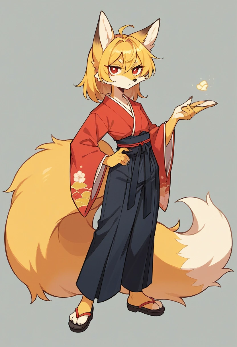 (full body,,The left hand is on the hip),((Her right hand is hidden under the hem of her kimono.)),small breasts,Fox woman, Furry, Golden fur, Golden facial fur, long golden hair, The hair on his hands is golden, Golden yellow hair on the back of the hand, Light-filled eyes, Red eyes, Brown elements of fur,Black Hakama,Very fine fur, Fluffy tail,Nine-tailed tail,