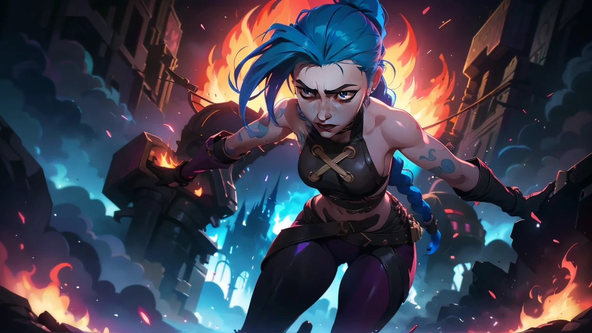 (masterpiece, Best quality), 1 girl, portrait very detailed face,, very sexy, full length (full body 1.1.), crazy look, smile, crying, pink tears, tears on the cheeks, tears from eyes, очень feminine, fighting stance, battle, fire, explosions, burning city, beautiful waist, gloomy composition, flame, fire, Flash, very beautiful, feminine, long hair, hair braided in long braids, very sexy, tight leather pants, emphasis on the eyes, emphasis on the face, Beautiful face, hands, Косаed ponytail, red purple eyes, Джинкс crying, Blue cloud tattoo, (masterpiece, Best quality), Side lighting, beautiful detailed eyes, crazy face), (Best quality), (masterpiece), magic photography, Spectacular lighting, photorealism, ultra detailed, intimate portrait composition, 1. 4,8 K UHD, aesthetic, Cd., a high resolution, 8 K, Better lighting, Best shade, Ultra-HD, a high resolution, Sharp Focus, complex background, cinematic lighting, ((Landscape view)), 4K block, (Better lighting), ((cinematic lighting)),