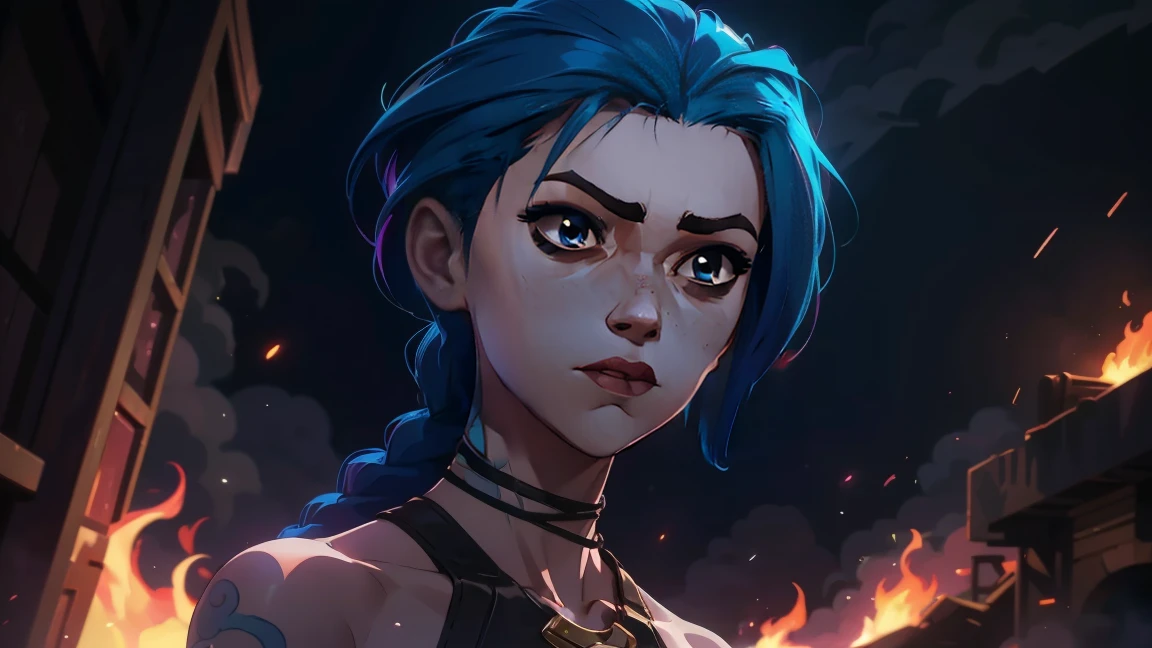 (masterpiece, Best quality), 1 girl, portrait very detailed face,, very sexy, full length (full body 1.1.), crazy look, smile, crying, pink tears, tears on the cheeks, tears from eyes, очень feminine, fighting stance, battle, fire, explosions, burning city, beautiful waist, gloomy composition, flame, fire, Flash, very beautiful, feminine, long hair, hair braided in long braids, very sexy, tight leather pants, emphasis on the eyes, emphasis on the face, Beautiful face, hands, Косаed ponytail, red purple eyes, Джинкс crying, Blue cloud tattoo, (masterpiece, Best quality), Side lighting, beautiful detailed eyes, crazy face), (Best quality), (masterpiece), magic photography, Spectacular lighting, photorealism, ultra detailed, intimate portrait composition, 1. 4,8 K UHD, aesthetic, Cd., a high resolution, 8 K, Better lighting, Best shade, Ultra-HD, a high resolution, Sharp Focus, complex background, cinematic lighting, ((Landscape view)), 4K block, (Better lighting), ((cinematic lighting)),