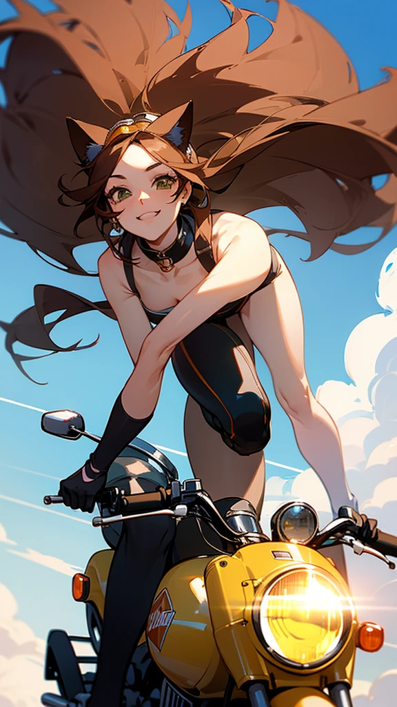 A glamorous woman with a curvy figure, wearing cat ears, goggles on her head, gloves on her hands, and a rider’s suit, riding a heavyweight American-style Harley-Davidson motorcycle. She is speeding down a highway, captured in a panning shot like a scene from a movie. The background features a high-resolution, detailed image with natural light, a blue sky, and white clouds.One girl, High resolution, Long Hair, chest, smile, Brown Hair, Cat ear, far and near method, Highest quality,
