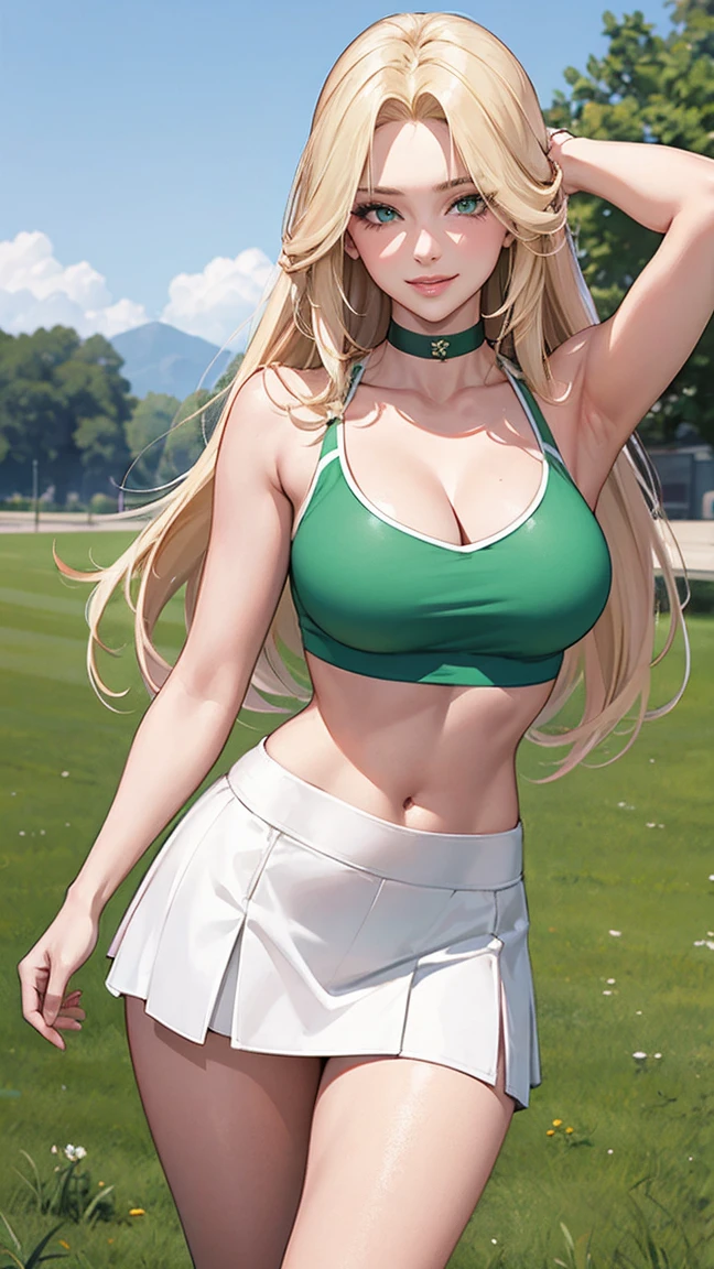 Highest Quality, ​masterpiece, beautifully detailed eyes, green eyes, long Blonde Hair, Gradient Hair, pink highlights in hair, large breasts, standing, makeup, glossy lips, full lips, (natural lighting), grass, cheerleader outfit, light smile, midriff, collarbone,  white miniskirt, cleavage voluptuous, well-proportioned feminine body, anatomically perfect, detailed beautiful face, promotional photo, panel photo, shy charming smile, choker, 