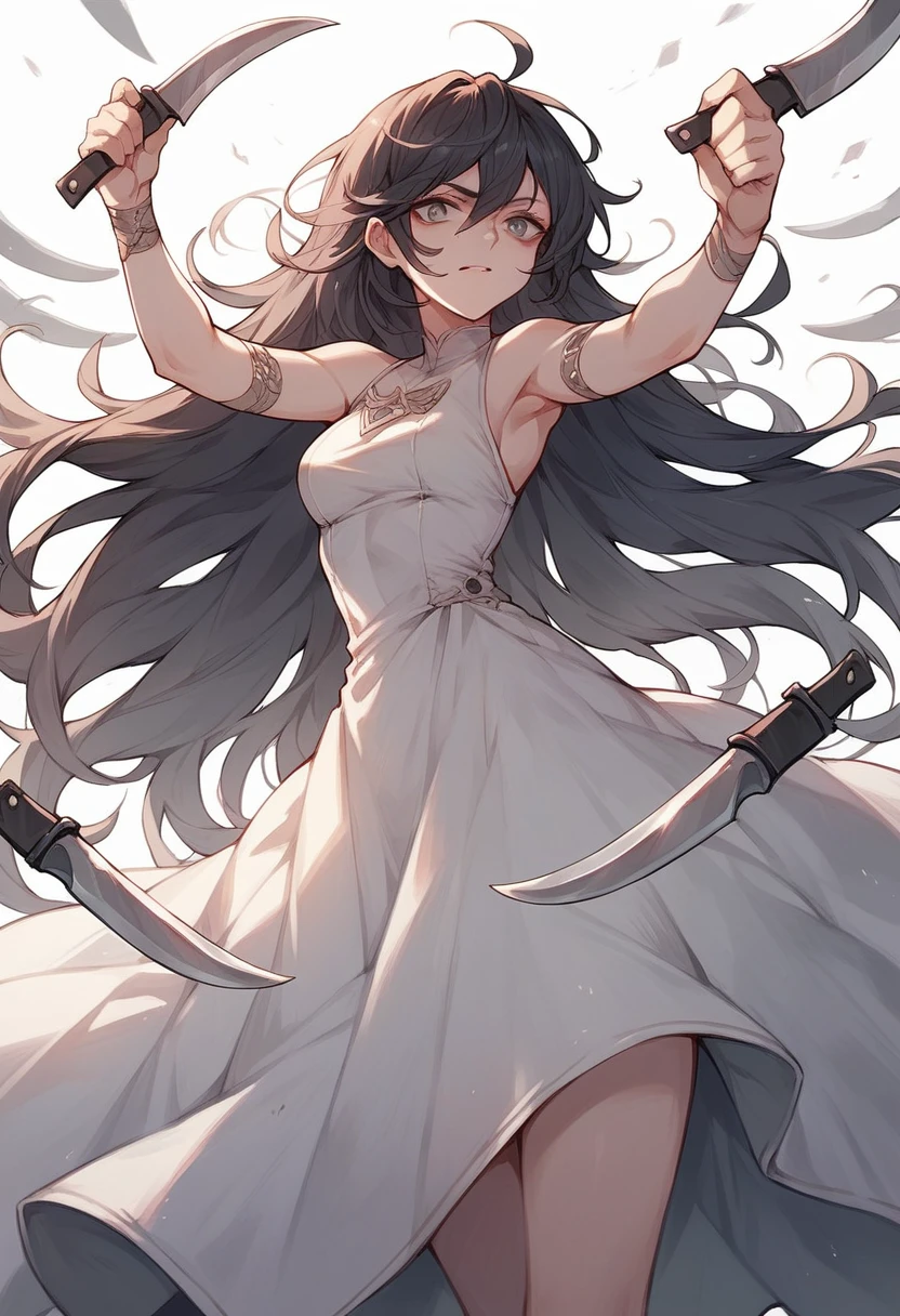 Black long hair,White Dress,Knives