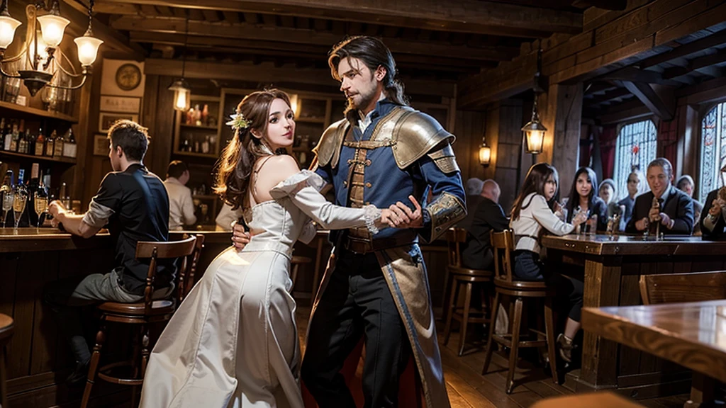 A beautiful woman is the main character, and men and women are enjoying music and dancing at a bar. Middle ages, bard, epic, inside a wooden house