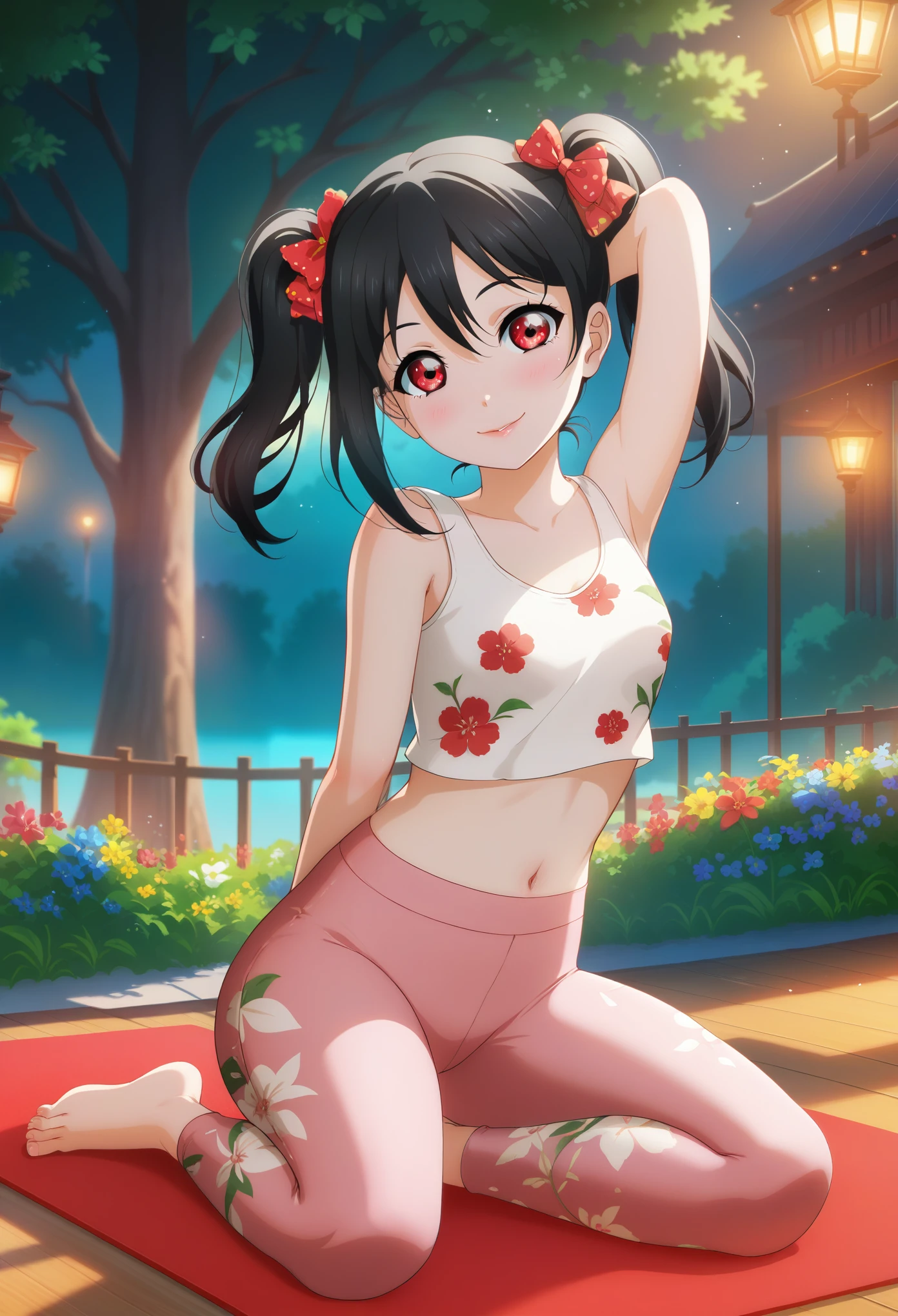 masterpiece, best quality,yazawa nico, black hair, twintails, red eyes, clavicle, volumetric lighting, illustration, beautiful, tight , Blushing, breasts, looking at viewer, flowers printed tank top, yoga pants,solo, curvy body,floral print, looking to the side, seductive smile, (arms behind back, head tilt:1.1),(breathtaking scenery:1.1), tree, blushing full body shot