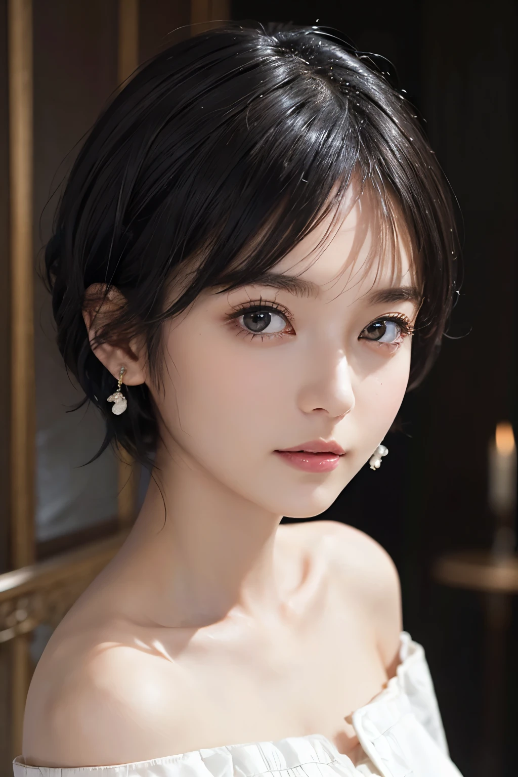 (((Black Short Hair))), (Louvre Museum), Seductive pose, Background is grassland、Image from chest up:1.6)、Close-up portrait of a woman wearing a white off-the-shoulder top dress and earrings, Soft portrait shot 8k, Nice delicate face, High-quality 4K portraits, High-quality portraits, Soft, perfect, pale skin, 8K Highly Detailed Face, なbeautiful繊細な顔, beautiful光の大きな目, Beautiful and realistic face, beautiful１４Old woman, Beautiful and realistic face, cute１４Old woman