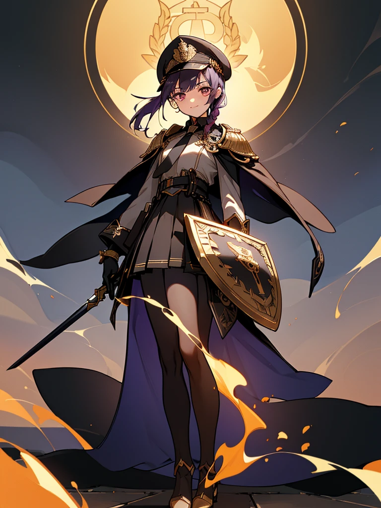 realisitic, City Deserted, Pile of rubble, Brick building, a one woman (18 years old, far away blackw hair, far away slits, Eyes red, glare eyes, 精致的面容, standing (In floor, feet shoulder-width apart), ta style military uniform (blackw base, Red Insert, golden decoration, volantes, wide sleeves, dainty and delicate detailing armors), blackw far away gloves (blackw, Red Insert, golden decoration, small hands, armors), blackw far away gloves, knee high boots (blackw, high-heels, red soles), ha (blackw, aba dourada, shield emblem, delicate details), arms in front, Front of belly, Holding military swords with both hands (blackw, golden decoration, delicate detail, Handle at the top, Ground-facing blade, in front of the body, far away), night sky (blackw, stele, Increased flames and smoke) Pale painting style, One Girl, super high quality, Super Detail, Super Detailed image, long hair, looking at viewer, skirt, shirt, hair ornament, violet eyes, gloves, round glasses, long sleeves, hat, closed mouth, jacket, violet hair, braid, open clothes, necktie, black gloves, black skirt, uniform, single braid, open jacket, black jacket, black headwear, 手链, Peaked cap, black necktie, cropped jacket, military hat, pantyhose, Flat Chest, smile, Black Cape