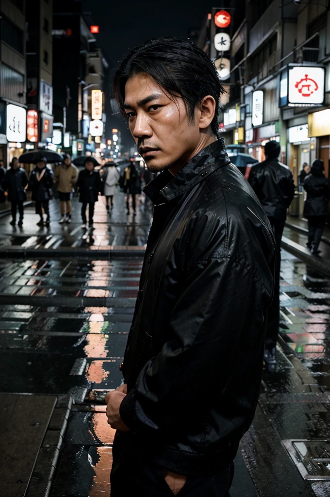 do a Japanese, yakuza member with a scar on his face, in Tokyo at night, in the middle of the street, raining, with a black jacket