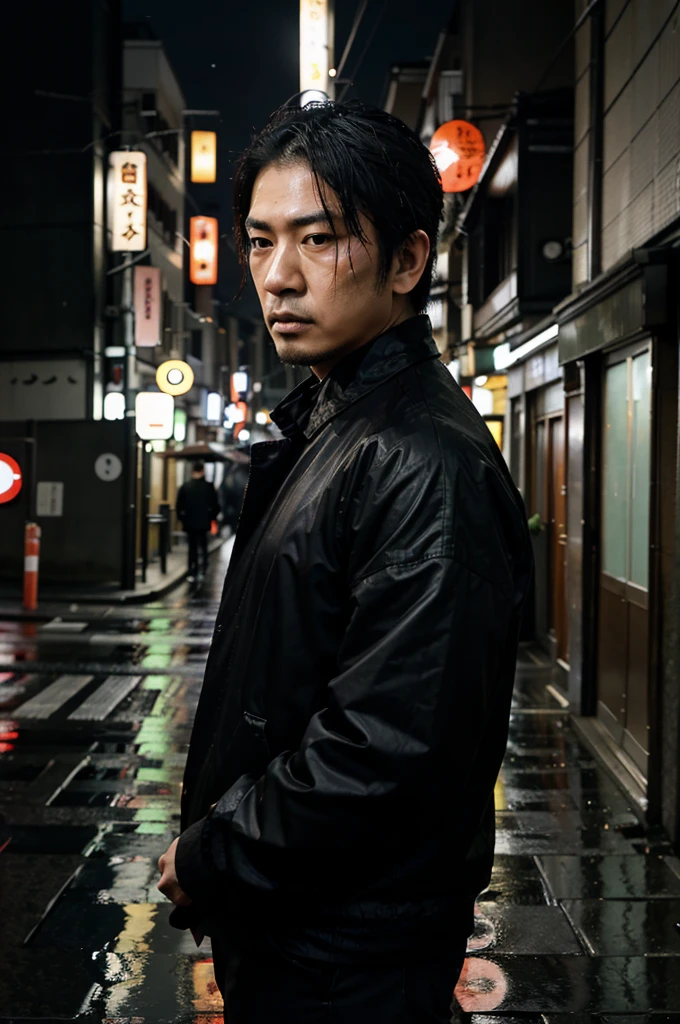 do a Japanese, yakuza member with a scar on his face, in Tokyo at night, in the middle of the street, raining, with a black jacket