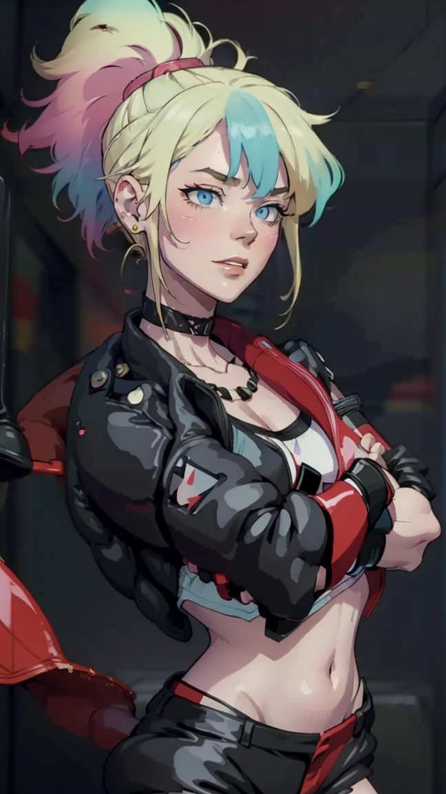 /paint [retro anime style], Old anime, 1980s \(style\), 1990-е годы \(style\), watercolor \(middle\), ((Best quality)), ((masterpiece)), [detailed], [anime and manga images], [breathtaking], [charming], Old school, One, {big split}, (hyperdetailed:1.15), [detailed], (Pin up), (Pin up), ((Best quality)), ((masterpiece)), (soft light, spicy:1.2), (illustration, uhd, unreal engine, spicy focus,), OP quality, Best quality, official art, ultra detailed texture, [pixiv], (Big breasts), (breast exposure), Harley Quinn, bang, Blue eyes, blonde hair, ponytail, blue hair, multicolored hair, necklace, gradient hair, draw up, piercing, pink hair, lips, lipstick, red lips, thigh high, gloves, Navel, split, Jewelry, Jacket, open clothes, shorts, black gloves, life, black thigh high, fingerless gloves, Collar, bracelet, open Jacket, black Jacket, Crop top, torn clothes, short shorts, tattoo, chain, thorns, cropped Jacket, spiked bracelet, spiked Collar, micro shorts, multicolored Jacket,