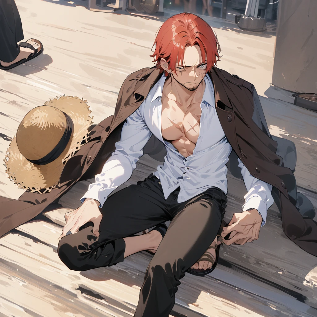 (masterpiece, best quality), intricate details, 1boy, man, red hair, straw hat, Shnks, shanks \(one piece\), scar on face, 3 scar left eye, short hair, shirt, white shirt, male focus, sitting posture, streetstyle pose, open clothes, collared shirt, pants, cape, coat, open shirt, facial hair, scar, sandals, pectorals, partially unbuttoned, pectoral cleavage, coat on shoulders, ship deck background, upper body, straw hat,