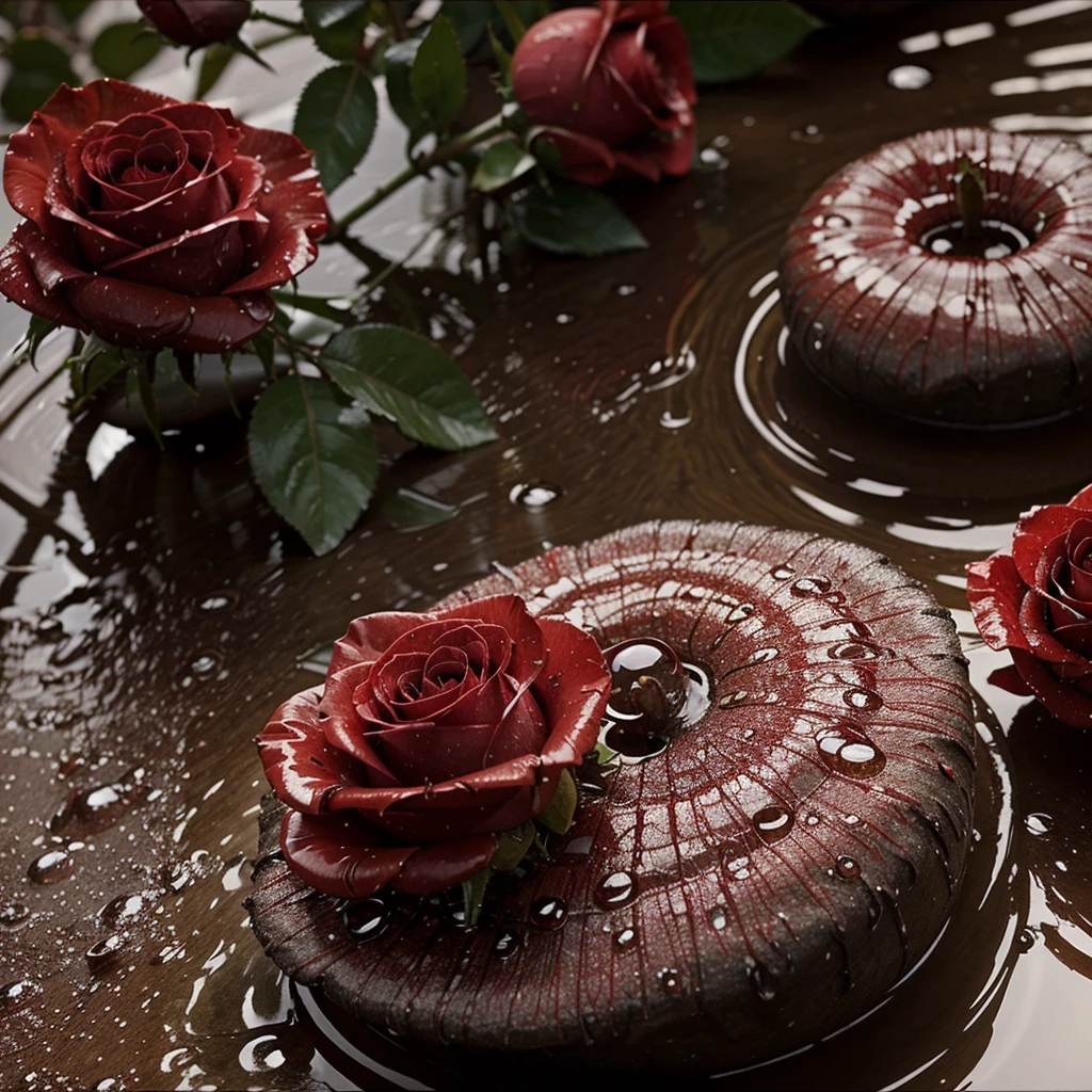 As an image of a red rose wet with drops of water around it, more red roses are super realistic 