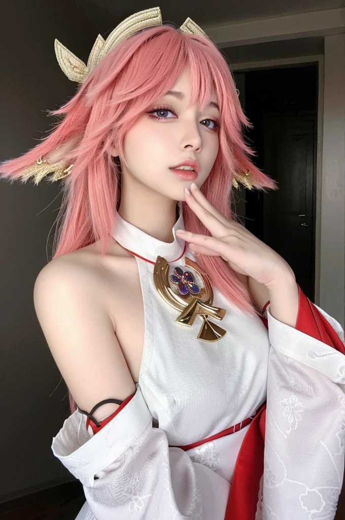 (masterpiece:1.3),best quality,high resolution,unity 8k wallpaper,(illustration:1),perfect lighting,photo_\(medium\),photorealistic,realistic,finely detail,extremely detailed,soft lighting and shadow,soft yet striking lighting,film grain:1.2,yae miko, 1girl, solo, pink hair, purple eyes, looking at viewer, long hair, realistic, animal ears, parted lips, detached sleeves, upper body, fox ears, grey background, simple background, bangs, lips, bare shoulders, hand up, jewelry, wide sleeves, nontraditional miko, breasts, nude, naked