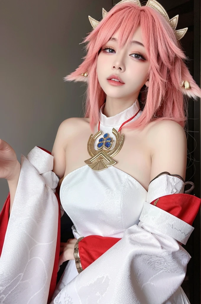 (masterpiece:1.3),best quality,high resolution,unity 8k wallpaper,(illustration:1),perfect lighting,photo_\(medium\),photorealistic,realistic,finely detail,extremely detailed,soft lighting and shadow,soft yet striking lighting,film grain:1.2,yae miko, 1girl, solo, pink hair, purple eyes, looking at viewer, long hair, realistic, animal ears, parted lips, detached sleeves, upper body, fox ears, grey background, simple background, bangs, lips, bare shoulders, hand up, jewelry, wide sleeves, nontraditional miko, breasts, nude, naked 