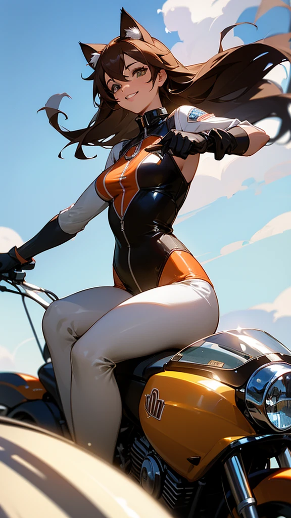 A glamorous woman with a curvy figure, wearing cat ears, goggles on her head, gloves on her hands, and a rider’s suit, riding a heavyweight American-style Harley-Davidson motorcycle. She is speeding down a highway, captured in a panning shot like a scene from a movie. The background features a high-resolution, detailed image with natural light, a blue sky, and white clouds.One girl, High resolution, Long Hair, chest, smile, Brown Hair, Cat ear, far and near method, Highest quality, 