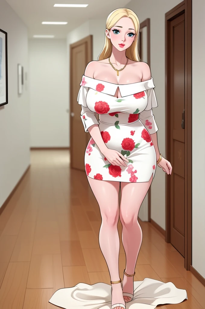 An extremely beautiful stunning woman with a perfect busty body, gold blonde long silky hair, big blue eyes, extremely super bright snow white fair stunning flawless glowing lush shiny flawless white skin, a perfect tight hourglass figure, and a skinny waist, sexy thick smooth luscious legs and thighs, extremely cute smile on the face, bright pink blushes on cheeks, wearing a short revealing loose yellow floral dress, white off-shoulder cardigan, white heels, gold necklace on the neck, gold anklets on feet, gold chain on the waist, standing straight, holding a red roses bouquet, hallway in the background, show full body from head to feet.