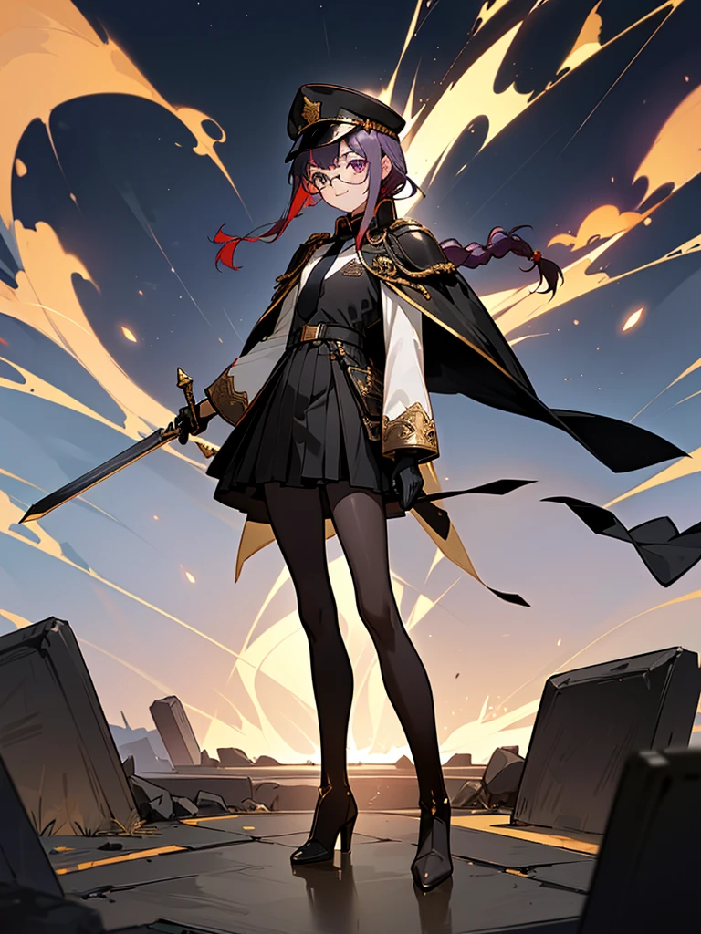 realisitic, City Deserted, Pile of rubble, Brick building, a one woman (18 years old, far away blackw hair, far away slits, Eyes red, glare eyes, 精致的面容, standing (In floor, feet shoulder-width apart), ta style military uniform (blackw base, Red Insert, golden decoration, volantes, wide sleeves, dainty and delicate detailing armors), blackw far away gloves (blackw, Red Insert, golden decoration, small hands, armors), blackw far away gloves, knee high boots (blackw, high-heels, red soles), ha (blackw, aba dourada, shield emblem, delicate details), arms in front, Front of belly, Holding military swords with both hands (blackw, golden decoration, delicate detail, Handle at the top, Ground-facing blade, in front of the body, far away), night sky (blackw, stele, Increased flames and smoke) Pale painting style, One Girl, super high quality, Super Detail, Super Detailed image, long hair, looking at viewer, skirt, shirt, hair ornament, violet eyes, gloves, round glasses, long sleeves, hat, closed mouth, jacket, violet hair, braid, open clothes, necktie, black gloves, black skirt, uniform, single braid, open jacket, black jacket, black headwear, 手链, Peaked cap, black necktie, cropped jacket, military hat, pantyhose, Flat Chest, smile, Black Cape