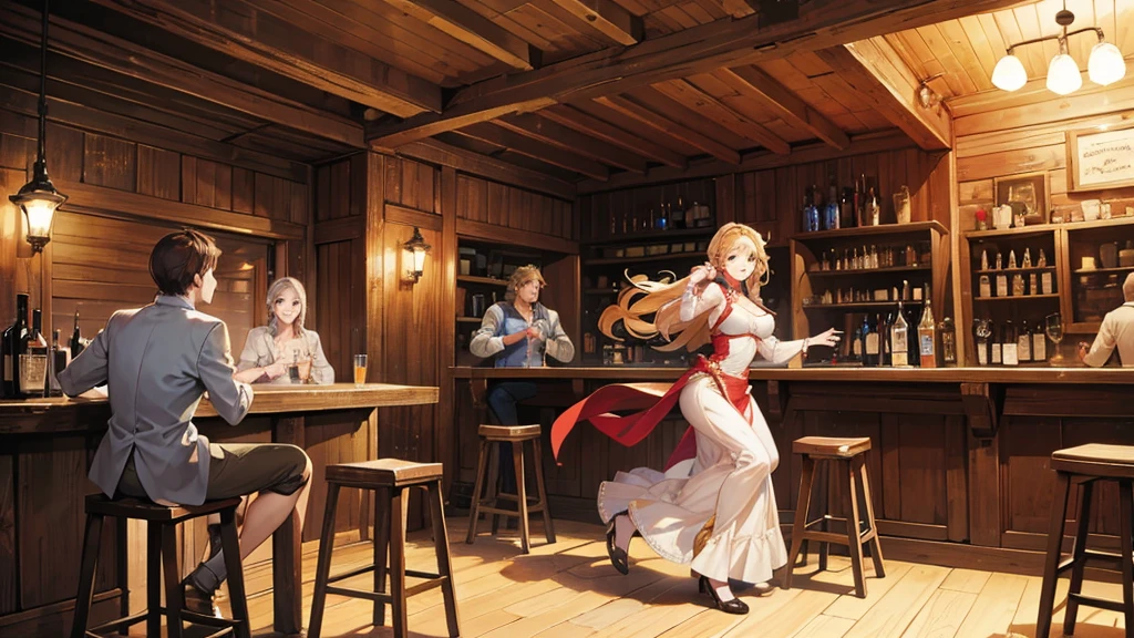 A beautiful woman is the main character, and men and women are enjoying music and dancing at a bar. Middle ages, bard, epic, inside a wooden house