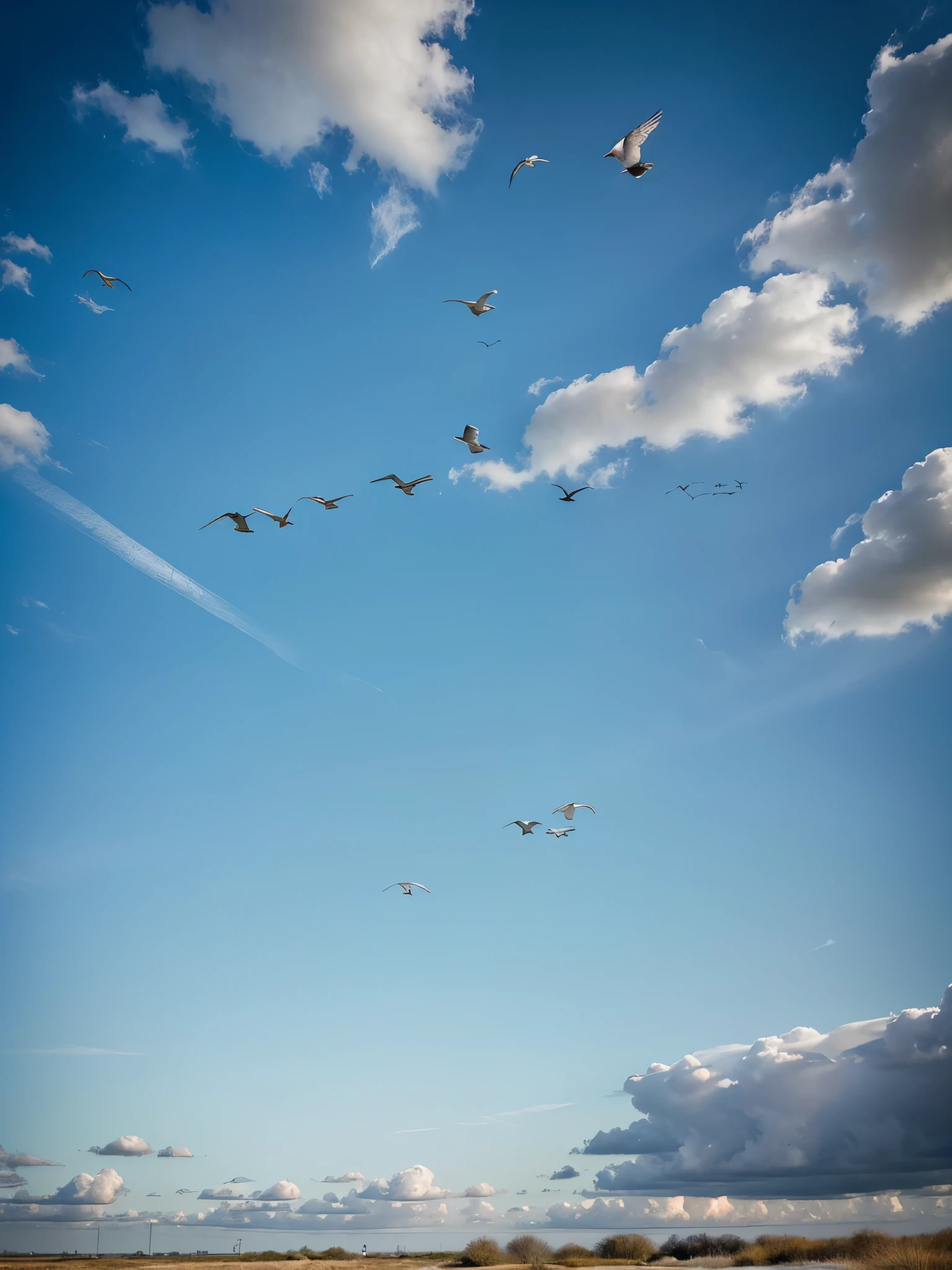 "Create an image of a clear, blue sky with a flock of birds flying gracefully. The birds should vary in size and species, creating a sense of movement and freedom. Some birds should be closer to the viewer, with detailed feathers and wings, while others are further away, appearing as small silhouettes against the sky. Include a few fluffy white clouds scattered across the sky to add depth and texture. The overall scene should evoke a feeling of peace and serenity, capturing the beauty of birds in flight."