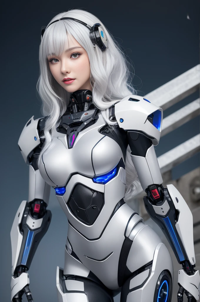Super Detail, High Detail, high quality, best quality, High resolution,1 female robot,Beautiful female robot,beautiful clear face(Rain waves_haneame:1.5), Realistic, High resolution, Soft Light,Hips up, (Detailed face), silver hair, long hair, Mecha Maiden, Colorful mechanical parts, mechanical joint, Thick mechanical armor,Weaponry, All metal body, Technology Antenna Hair Accessories