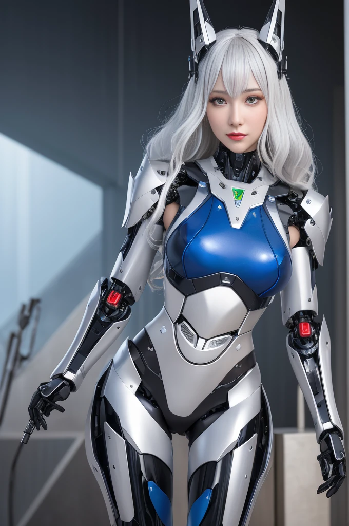 Super Detail, High Detail, high quality, best quality, High resolution，1 female robot，Beautiful female robot,beautiful clear face(Rain waves_haneame：1.5)， Realistic, High resolution, Soft Light,Hips up, (Detailed face), silver hair, long hair, Mecha Maiden, Colorful mechanical parts, mechanical joint, Thick mechanical armor,Weaponry, All metal body, Technology Antenna Hair Accessories
