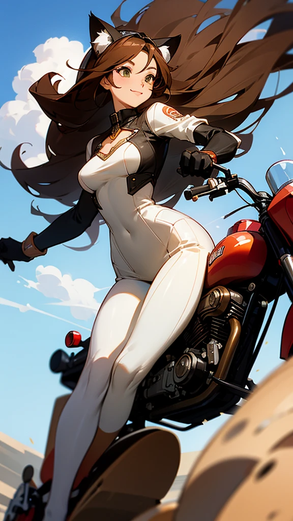 A glamorous woman with a curvy figure, wearing cat ears, goggles on her head, gloves on her hands, and a rider’s suit, riding a heavyweight American-style Harley-Davidson motorcycle. She is speeding down a highway, captured in a panning shot like a scene from a movie. The background features a high-resolution, detailed image with natural light, a blue sky, and white clouds.One girl, High resolution, Long Hair, chest, smile, Brown Hair, Cat ear, far and near method, Highest quality,