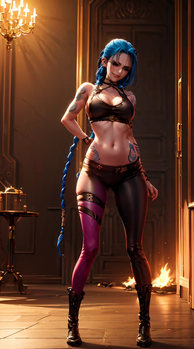 (masterpiece, Best quality), 1 girl, portrait, very sexy, crazy look, smile, crying, pink tears, tears on the cheeks, tears from eyes, full length (full body 1.1.), очень feminine, fighting stance, battle, fire, explosions, burning city, beautiful waist, gloomy composition, flame, fire, Flash, very beautiful, feminine, long hair, hair braided in long braids, very sexy, tight leather pants, emphasis on the eyes, emphasis on the face, Beautiful face, hands, hair, haired ponytail, red purple eyes, Джинкс crying, Blue cloud tattoo, (masterpiece, Best quality), Side lighting, beautiful detailed eyes, crazy face), (Best quality), (masterpiece), magic photography, Spectacular lighting, photorealism, ultra detailed, интимная portraitная композиция, 1. 4,8 K UHD, aesthetic, Cd., a high resolution, 8 K, Better lighting, Best shade, Ultra-HD, a high resolution, Sharp Focus, complex background, cinematic lighting, ((Landscape view)), 4K block, (Better lighting), ((cinematic lighting)),