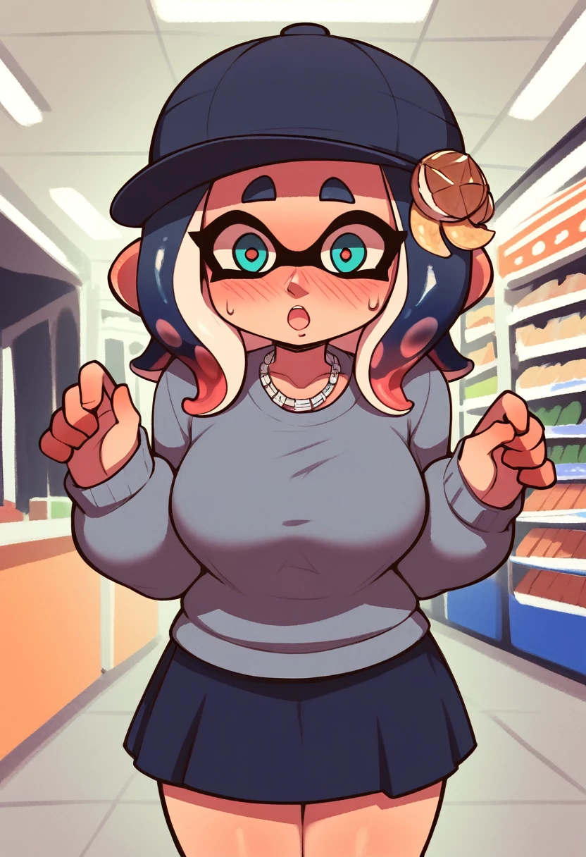 (score_9, score_8_up), score_7_up, score_6_up, score_5_up, score_4_up,(masterpiece, best quality, highres, ultra detailed:1.2), (solo, 1girl, cowboy shot), flow_(splatoon), jewelry, necklace, tentacle hair, hair ornament, hat, sleeves past fingers, teal eyes, grey shirt, long black skirt, open mouth, surprised, full face blush, bending forward, large breasts, (sexy pose:1.2), (detailed background, shop interior:1.2)
