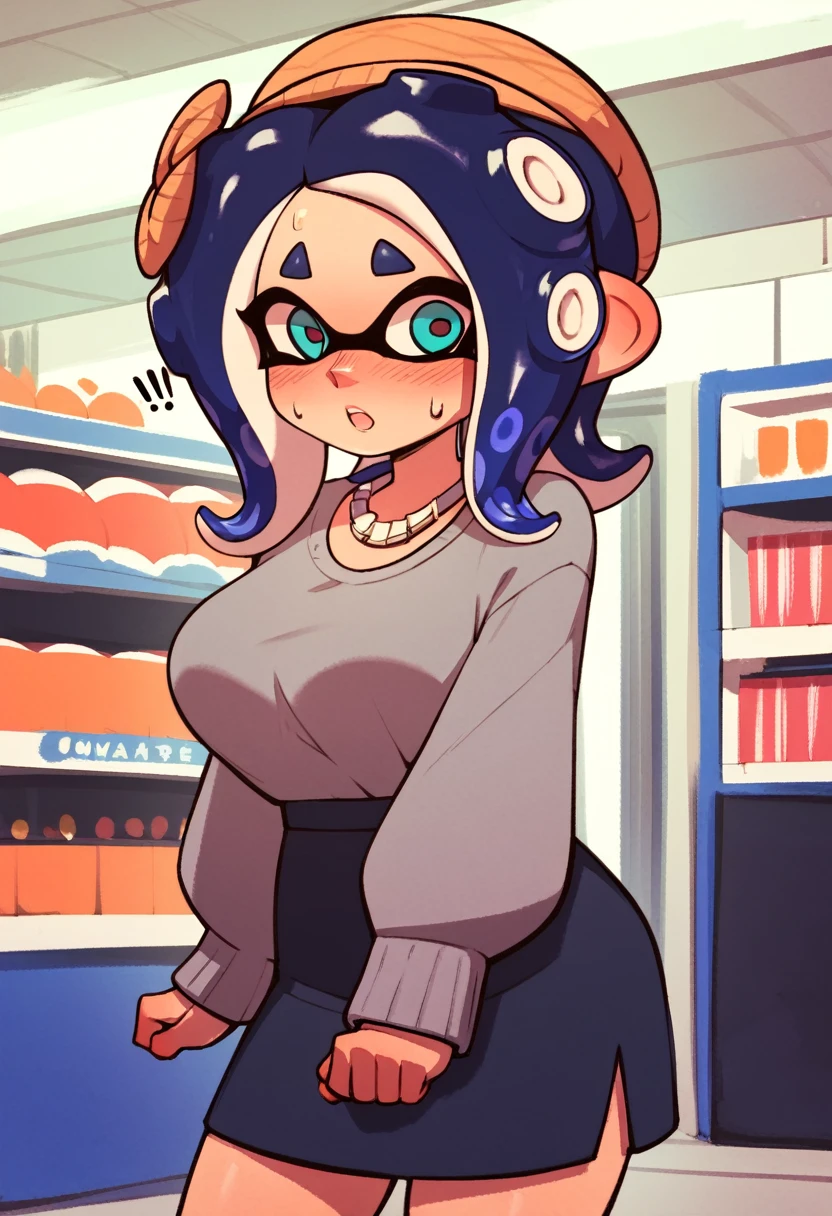 (score_9, score_8_up), score_7_up, score_6_up, score_5_up, score_4_up,(masterpiece, best quality, highres, ultra detailed:1.2), (solo, 1girl, cowboy shot), flow_(splatoon), jewelry, necklace, tentacle hair, hair ornament, hat, sleeves past fingers, teal eyes, grey shirt, long black skirt, open mouth, surprised, full face blush, bending forward, large breasts, (sexy pose:1.2), (detailed background, shop interior:1.2)
