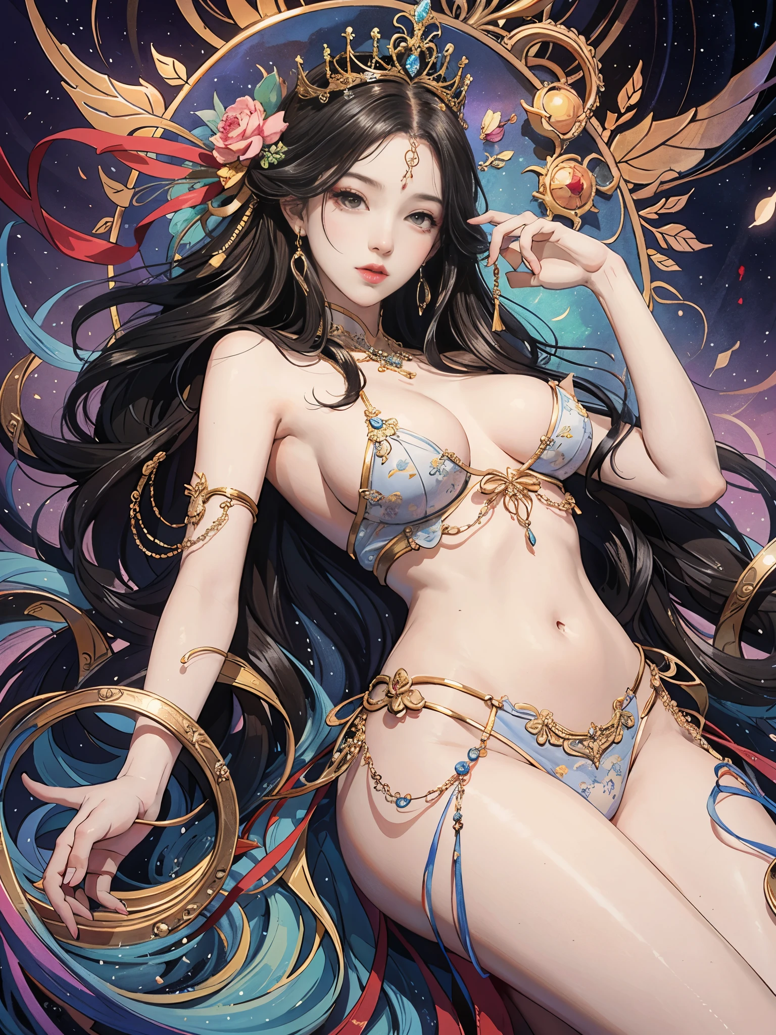 Beautiful woman lying,whole body,Wearing a crown,(tmasterpiece,top-quality,Best quality at best,offcial art,Beautiful and beautiful:1.2),(1 plump girl),The content is very detailed,Colorful,The most detailed,offcial art,Unity8k wallpaper,ultra - detailed,Beautiful and beautiful,Big breasts are beautiful,tmasterpiece,Best quality at best,(tangled,datura,Tangles,entangled),divinelight,artistically,Flash drawing,PerfectNwsjMajic