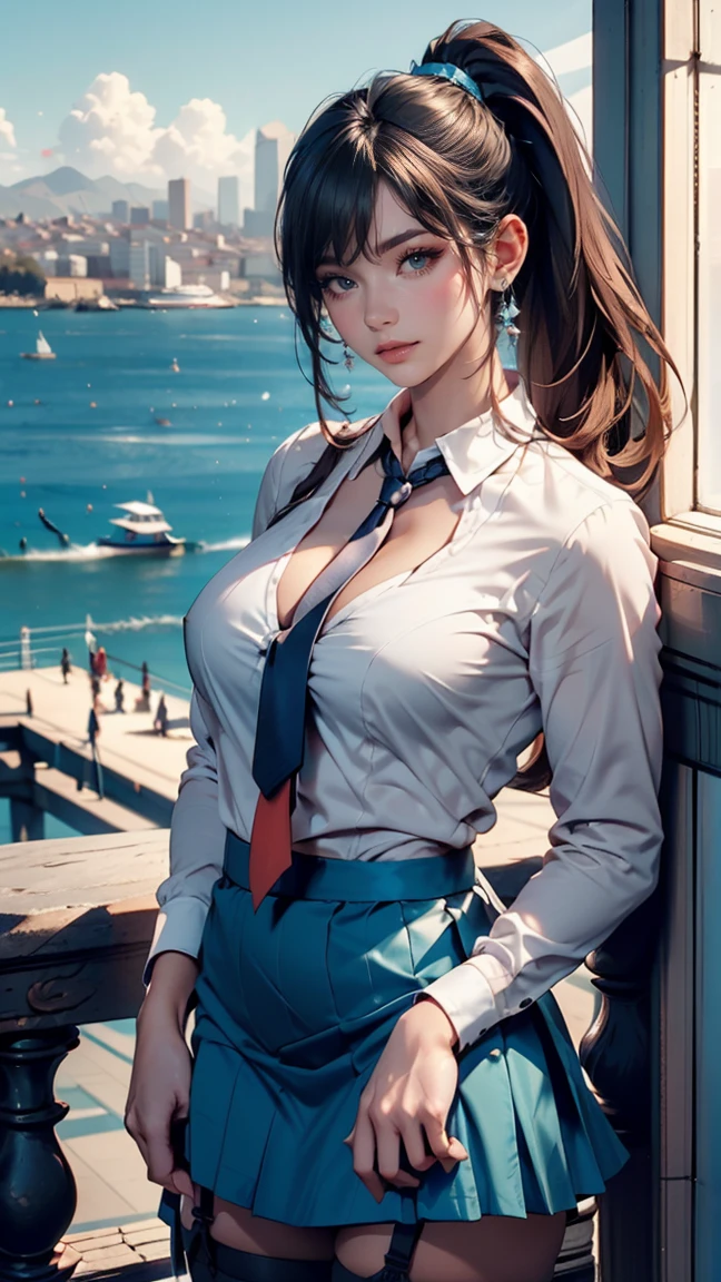 24-year-old woman、Sexy proportions、Long eyelashes、24-year-old female、Sexy proportions、Sexy breasts、Narrow waist、Long eyelashes、Cleavage Emphasis、Split Ponytail((split ponytail))、Tie-front shirt((tie front shirt))、Garter skirt((garter skirt))、San Francisco, USA、Sea View Hill、blue sky、Sunshine