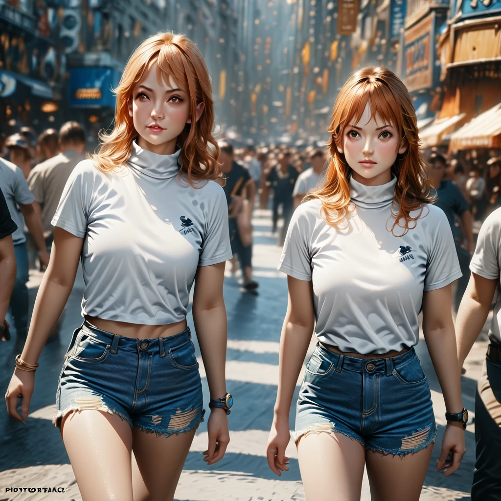 1girl, nami, one piece anime character, detailed orange hair, white polo neck sweater, blue denim shorts, detailed orange eyes, vector art, full body shot (best quality,4k,8k,highres,masterpiece:1.2),ultra-detailed,(realistic,photorealistic,photo-realistic:1.37),HDR,UHD,vivid colors,sharp focus,professional