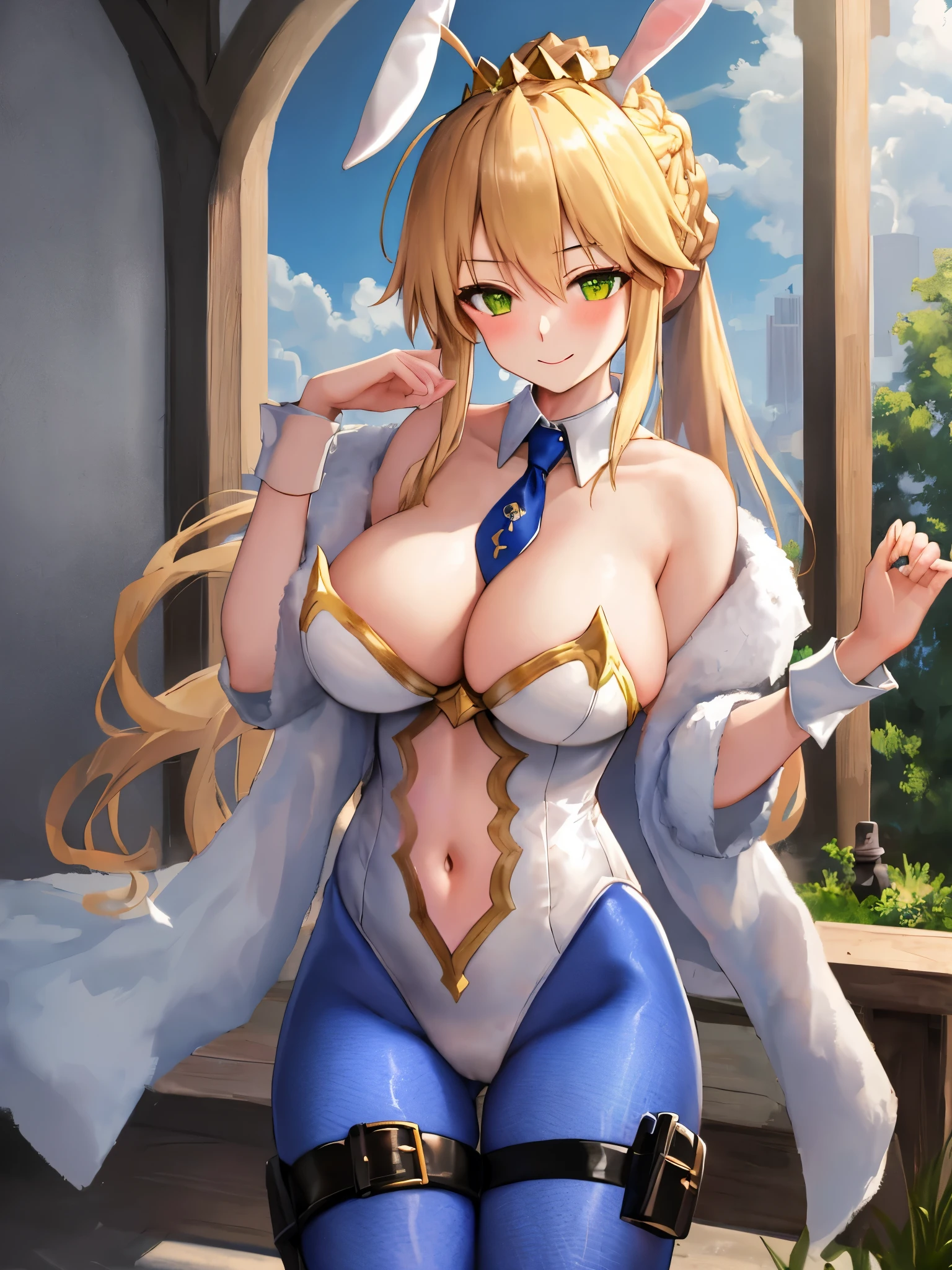 masterpiece, best quality, absurdres, soft lighting, looking at viewer, solo, light_smile, shy,
1girl, ahoge, rabbit ears, playboy bunny, artoria pendragon \(swimsuit ruler\) \(fate\), large breasts , blonde hair, green eyes, french braid, pony tail
bare shoulders, large breasts , cleavage,
clothing cut out, wrist cuffs, detached collar, navel cutout, feather boa,
white leotard, blue necktie, blue pantyhose, single thigh strap, hands_on_head,put_hands_up,
squat,gorgeous_fountain_landscape_background,solo,rabbit_posing,large_thighs,Extend_fingers,palm,open_legs,.solo, hands_above_head