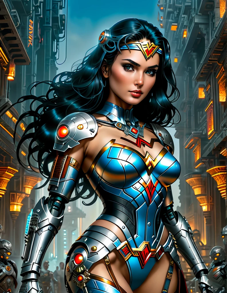 A fantasy picture of a Cyberpunk Era Wonder Woman with Cybernetic Wonder Woman Costume in a Neo Cyberpunk Roman Empire with glowing eyes and robotic limbs, insanely intricate detail, Don Lawrence style