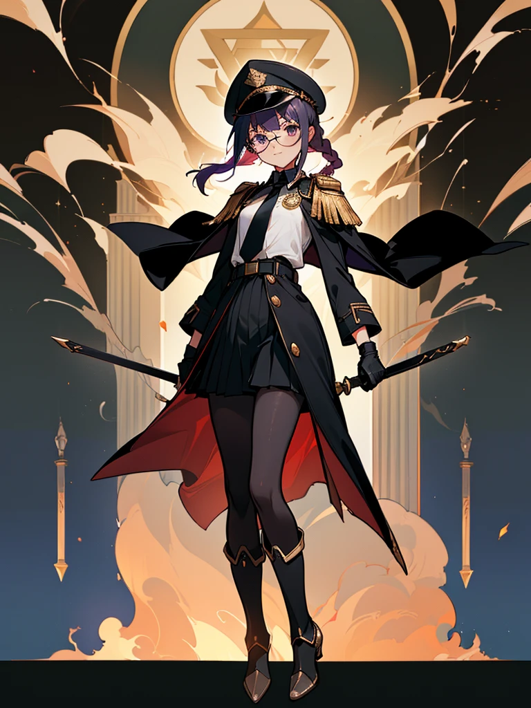 realisitic, City Deserted, Pile of rubble, Brick building, a one woman (18 years old, far away blackw hair, far away slits, Eyes red, glare eyes, 精致的面容, standing (In floor, feet shoulder-width apart), ta style military uniform (blackw base, Red Insert, golden decoration, volantes, wide sleeves, dainty and delicate detailing armors), blackw far away gloves (blackw, Red Insert, golden decoration, small hands, armors), blackw far away gloves, knee high boots (blackw, high-heels, red soles), ha (blackw, aba dourada, shield emblem, delicate details), arms in front, Front of belly, Holding military swords with both hands (blackw, golden decoration, delicate detail, Handle at the top, Ground-facing blade, in front of the body, far away), night sky (blackw, stele, Increased flames and smoke) Pale painting style, One Girl, super high quality, Super Detail, Super Detailed image, long hair, looking at viewer, skirt, shirt, hair ornament, violet eyes, gloves, round glasses, long sleeves, hat, closed mouth, jacket, violet hair, braid, open clothes, necktie, black gloves, black skirt, uniform, single braid, open jacket, black jacket, black headwear, 手链, Peaked cap, black necktie, cropped jacket, military hat, pantyhose, Flat Chest, smile, Black Cape