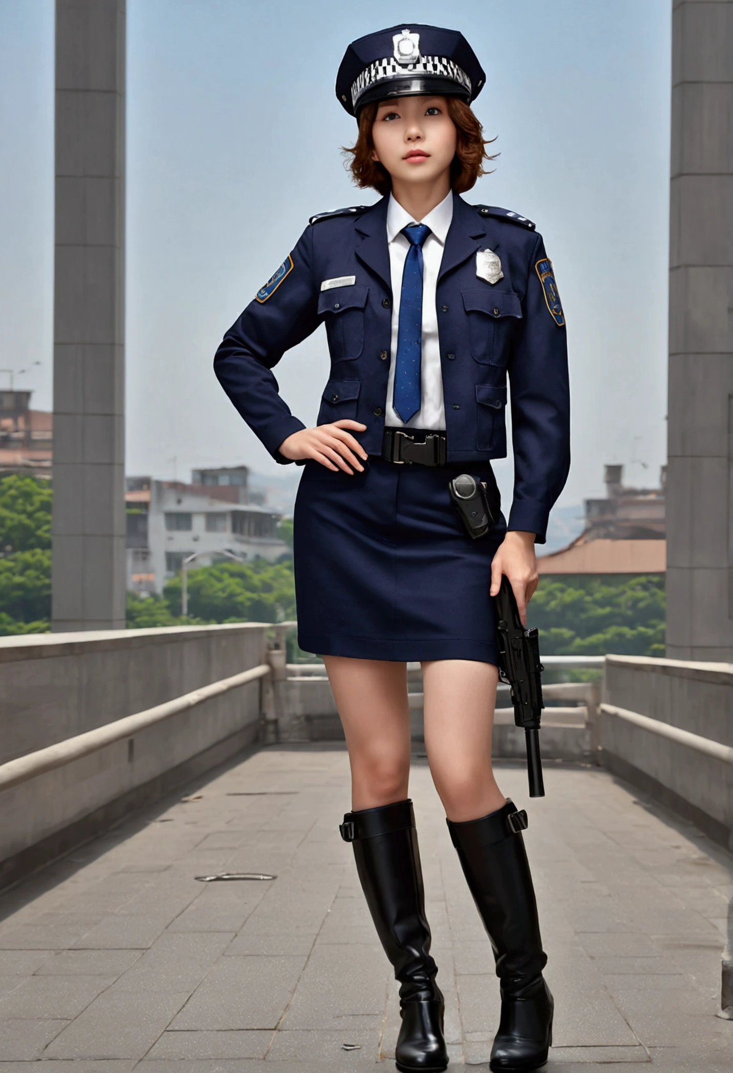 highest quality、masterpiece、8k、realistic、ultra high resolution、very delicate and beautiful、HDR、cinematic lighting、medium range shot、portrait、perfect female body、Beautiful woman、mature woman、Put your hands on your head、look at the viewer、((standing position:1.6))、medium breasts、cityscape、(short bob:1.8、brown hair)、((policewoman:1.4、uniform、limited cap、Uniform button、tie、uniform jacket))、Police Vehicles、Baton、handcuffs、wireless、Vest、leather shoes、name tag、Uniform patch、Bulletproof vest、police badge、skirt、boots、gun、police badge、epaulettes、uniform skirt