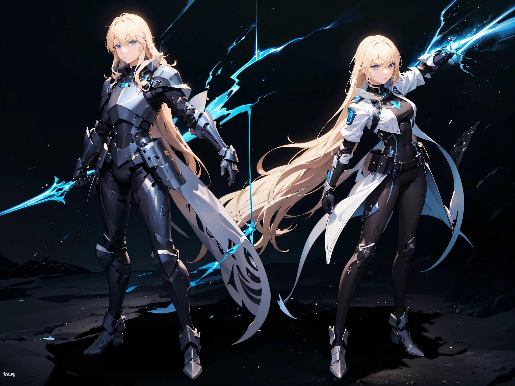 18 years old, blond hair, flowing blond hair, blue eyes, in a full body black armor, futuristic, masterpiece, high quality, with a lightning energy in hand, shoulders exposed, gloves, ready to fight pose, 4k, overhead view