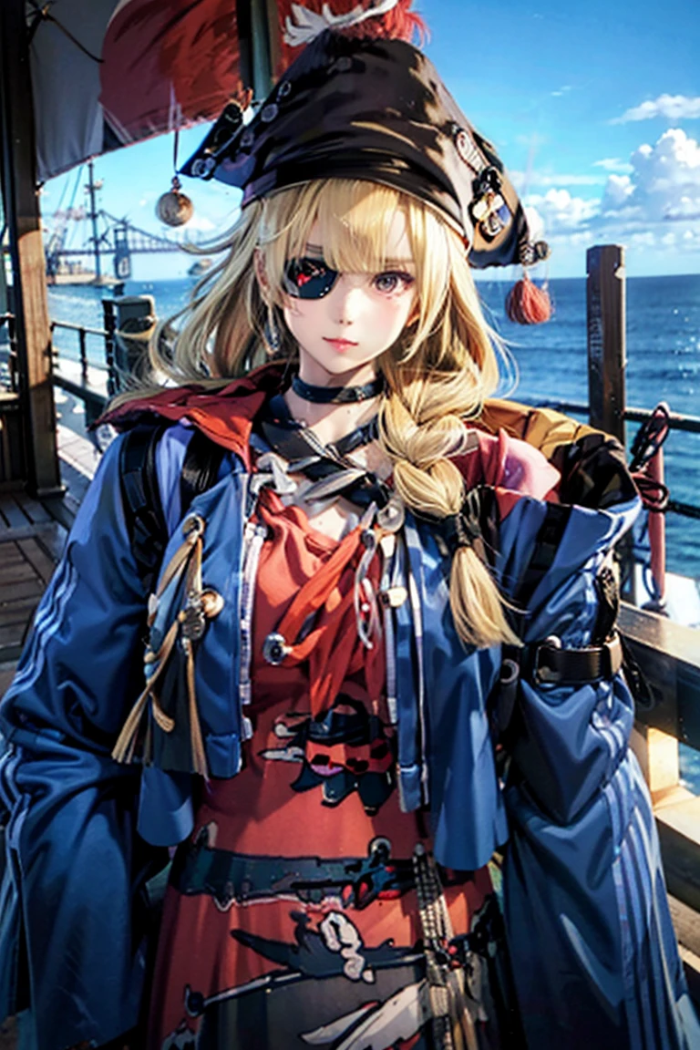 ((Highest quality)), ((masterpiece)), (detailed),(pirate),(Eye patch),(He has a gun),Large pirate flag in the background、maritime