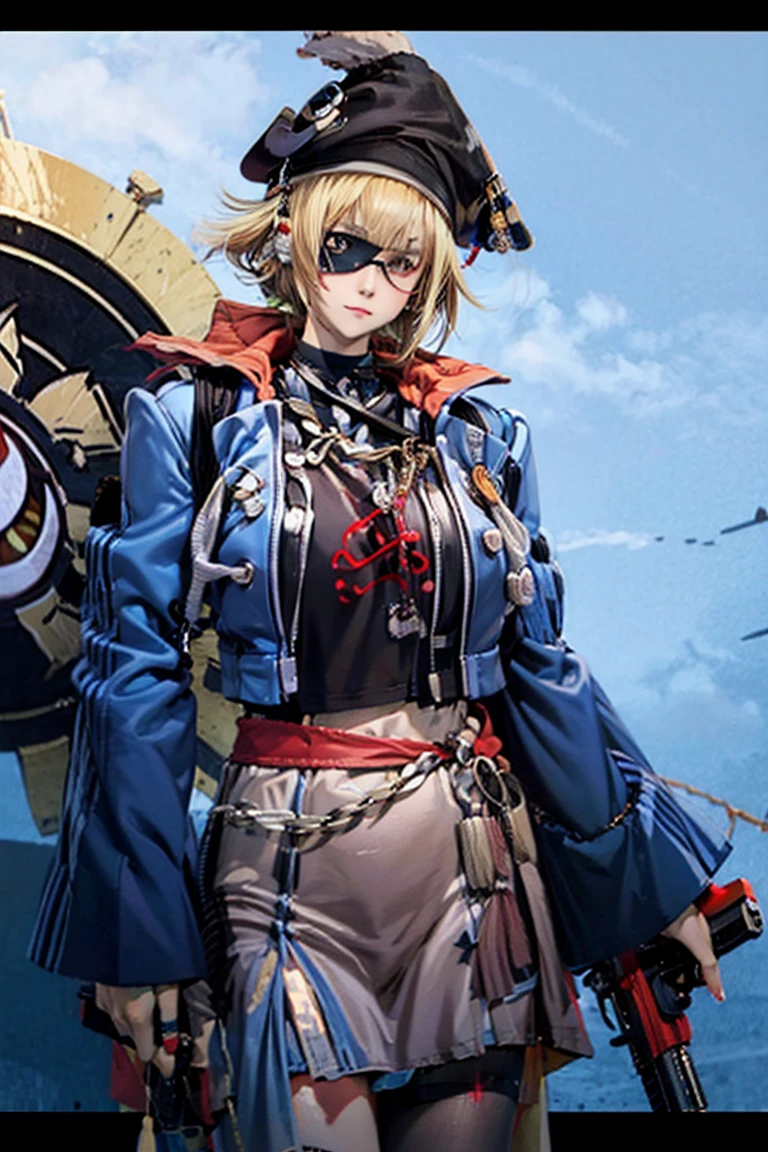 ((Highest quality)), ((masterpiece)), (detailed),(pirate),(Eye patch),(He has a gun),Large pirate flag in the background、maritime