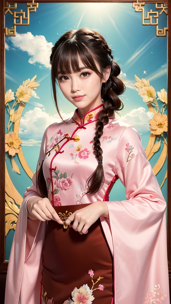Mucha style, Chinese Design, Realistic, masterpiece, Highest quality, Highest Resolution, Anatomically correct, Accurate Anatomy, One Japanese woman, Smile and show your teeth a little., Fine and beautiful eyes, Sparkling eyes, Thin eyebrows, Gives lashes a delicate finish, False eyelashes, (Chinese traditional makeup:1.2), (Braided hair, Blunt bangs, Brown Hair:1.2), Detailed face, Sharp Eyes, (Classic pink cheongsam resembling a heavenly maiden, A little fantastic:1.3), Photo taken from the thigh up, Blank background in warm colors