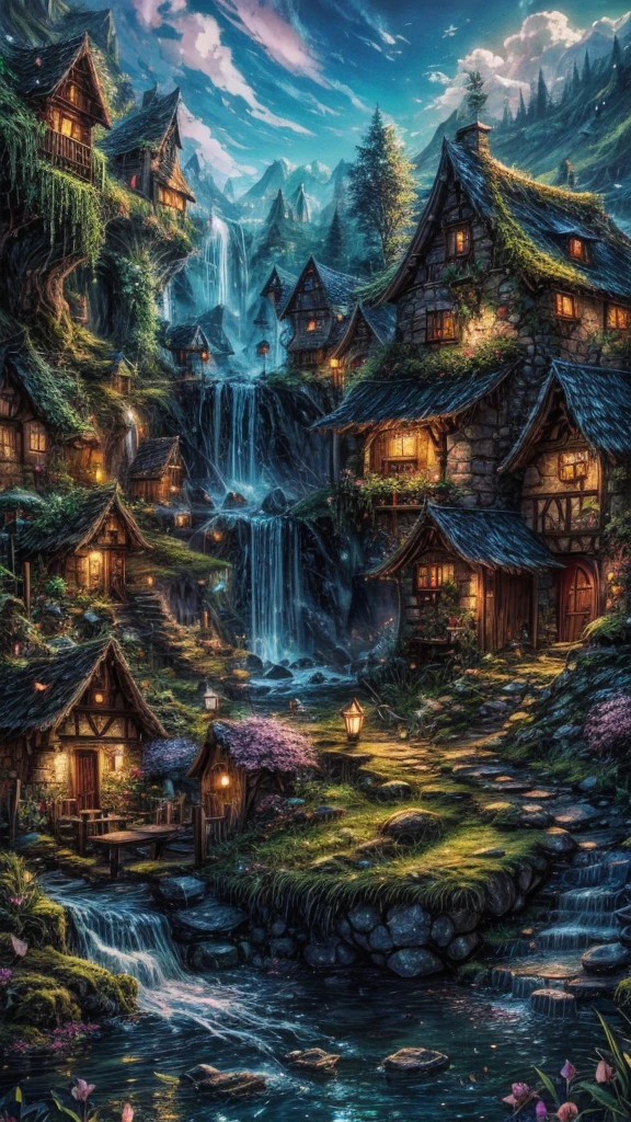 16K,enchanting fairy village, waterfall, small houses, Fantasy Place