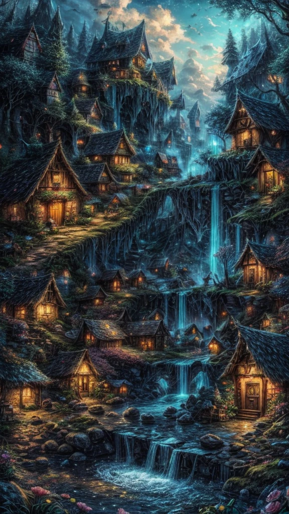 16K,enchanting fairy village, waterfall, small houses, Fantasy Place