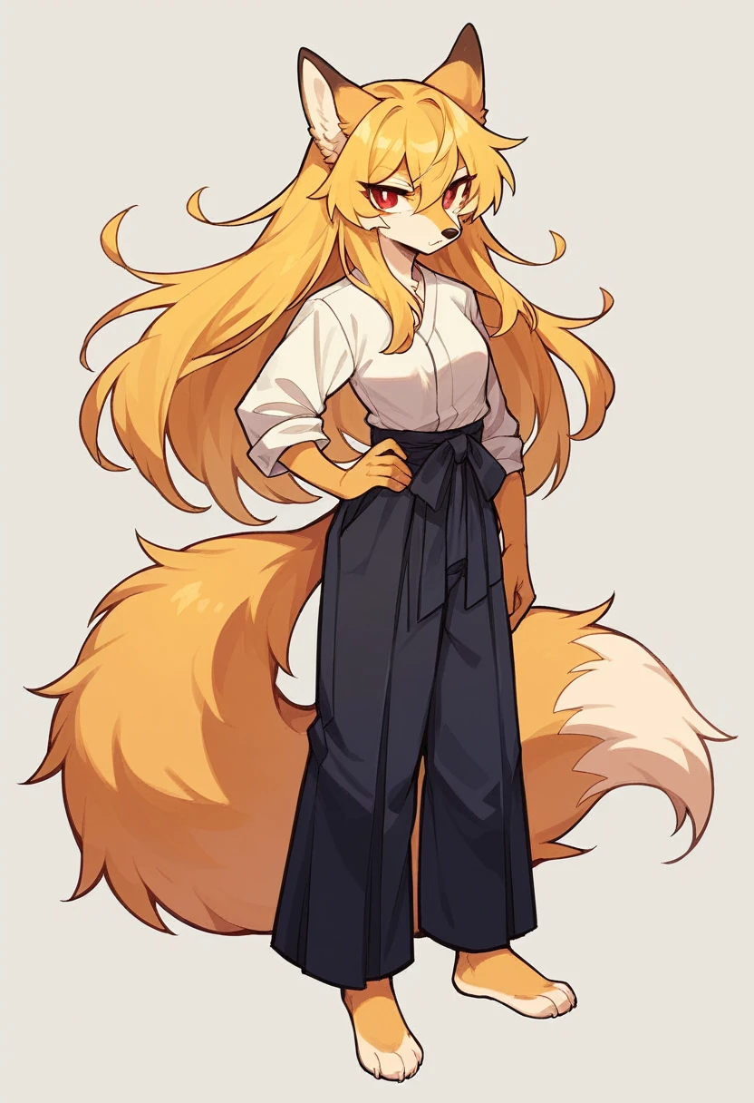 (full body,,The left hand is on the hip),((The right hand is out in front)),small breasts,Adult female fox, Furry, Golden fur, Golden facial fur, long golden hair, The hair on his hands is golden, Golden yellow hair on the back of the hand, Light-filled eyes, Red eyes, Brown elements of fur,Black Hakama,Very fine fur, Fluffy tail,Nine-tailed tail,