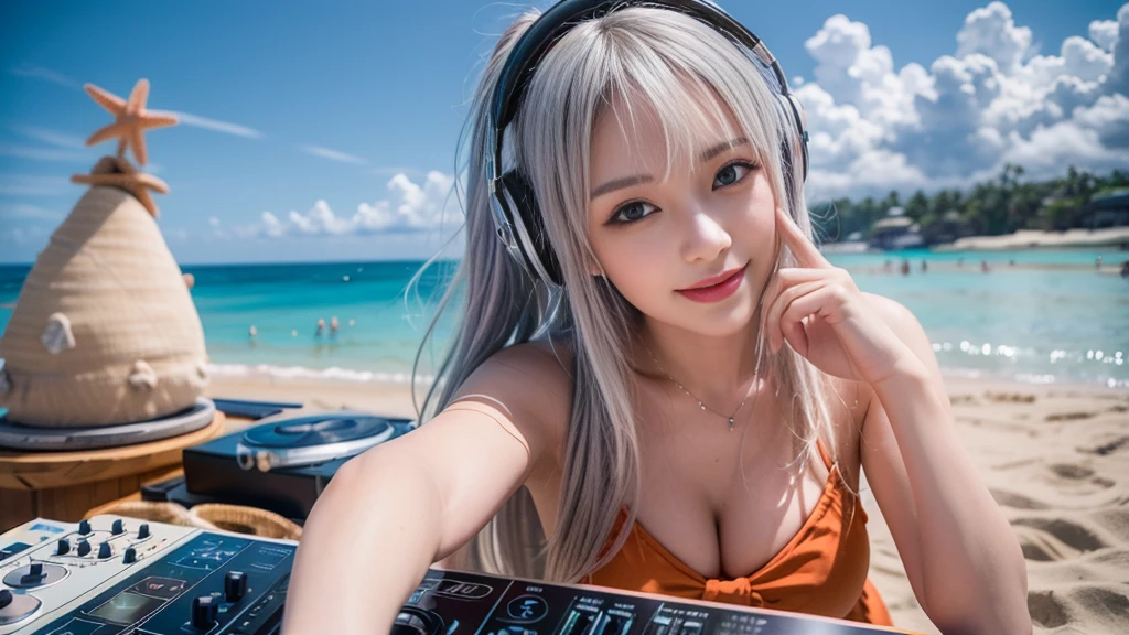(ultra - detailed, 16K resolution, Cinema lenses, rendering by octane), (high resolution:1.18), intricate detail, (masterpiece:1.1), (highest quality:1.1), (1girl, portrait, white hair, blue eyes, short hair, detailed eyes),Wearing silver DJ headphones, sequined T-shirt, (in the beach:1.5), (Iconic hip-hop pop costumes:1.3), Smile while DJing on stage, DJ studio next to the beach, ((A stylish DJ stage on a hill overlooking the beach)), full body shot, Photorealistic photography by Sunshine, (cute round face:1.3), perfect fingers, five fingers, beautiful hands, perfect hands. master peace, cute smile, Fixhand.