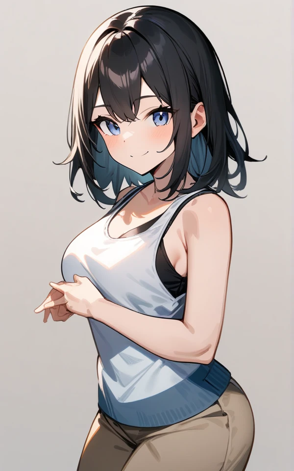 masterpiece, best quality, very aesthetic, absurdres, 1girl, looking at viewer, upper body, medium hair, medium breasts, Tank top, smile, simple background、Standing pose、Stand upright with your feet together
